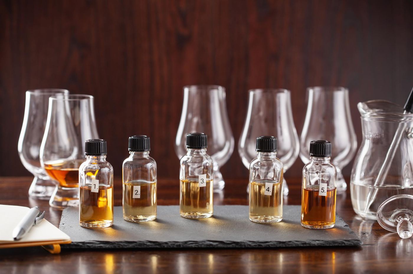 Numbered whisky samples at an academic session
